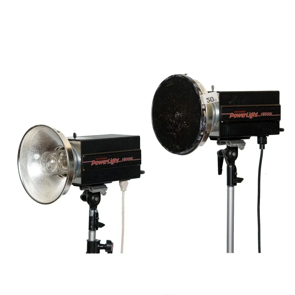 Two Photogenic 1500 Flash Power Packs Two soft boxes lighting kit Three Grids
